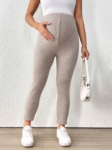 SHEIN Maternity Fleece Ribbed High Waist Leggings - Apricot - View 5