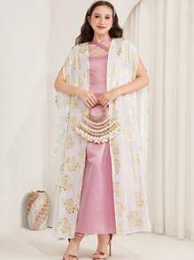 SHEIN Teen Girls Wedding Satin, Vintage, Boho/Luxury, Elegant, Gold White, Hot Stamp, Cover Up, Pink, Cute, Sweet, Dress, 2 Pieces Set