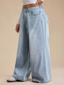 Forever 21 Spring New Fashion Low Waist Loose Wide Leg Casual Commuting High Street Minimalist Light Blue Washed Vintage Versatile Plus Size Women Jeans