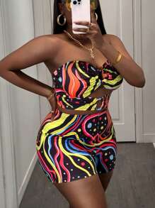 Slaydiva Plus Size Women Sexy Cutout Halter Crop Top And Mini Shorts Set For Vacation