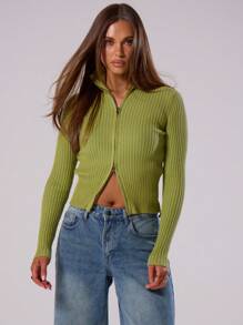 MUSERA Ribbed High Neck Zip Up Cardigan Spring Casual Y2k 90's Airport Comfy Cute Basic Summer Holiday - Mint Green - View 1