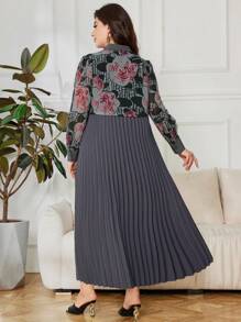 Lacomfia Elegant Vintage Patchwork Pleated Plus Size Dress Fall Cloth For Women - Grey - View 2