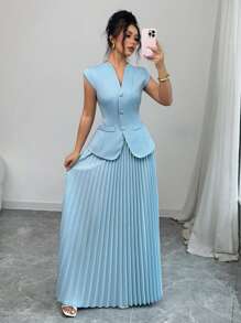 Gloray Set de 2 piezas blusa de mujer de unicolor con botones delanteros elegantes y falda plisada
