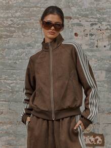 MUSERA Zip Through Cuffed Sleeve Stripe Detail High Collar Sweatshirt Graduation, Back To School, Teacher For Women, Fall Autumn Winter Christmas