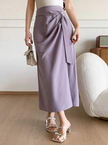DAZY Fustă elegantă pentru femei, primăvară/vară, cu talie înaltă, cu crăpături în față și răsucire - Violet - Vizualizare 5