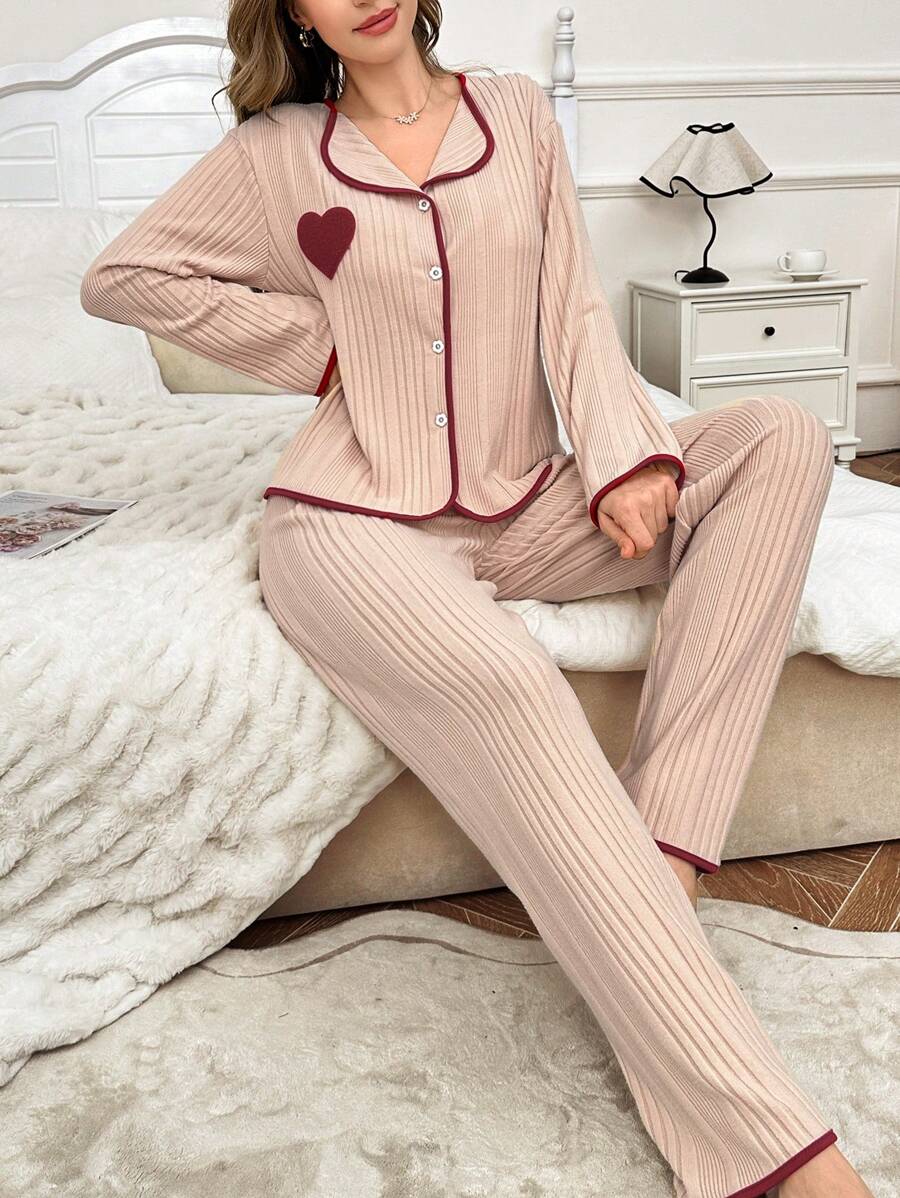 情人节心形刺绣撞色翻领休闲天鹅绒上衣和裤子睡衣套装
