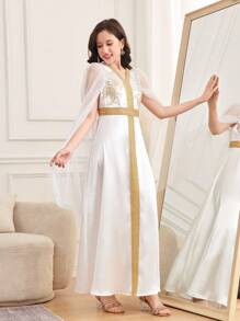 SHEIN Leap Crew 少女奢华、优雅、迷人、假日、派对礼服、铂金、金色花朵、水晶缎面连衣裙 - 白色 - 查看 5