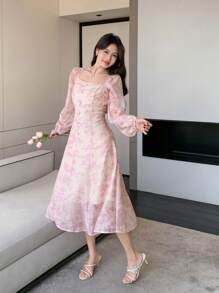 DAZY 女式春季碎花印花腰部 A 字连衣裙、休闲度假/派对装、秋季连衣裙长袖连衣裙 - 粉色 - 查看 6