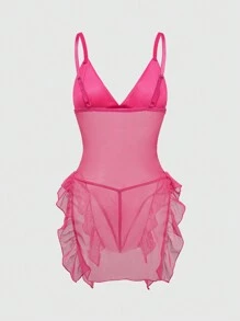 ROMWE Kawaii Sexy Sheer Mesh Slit Dress Set - Pink - View 2