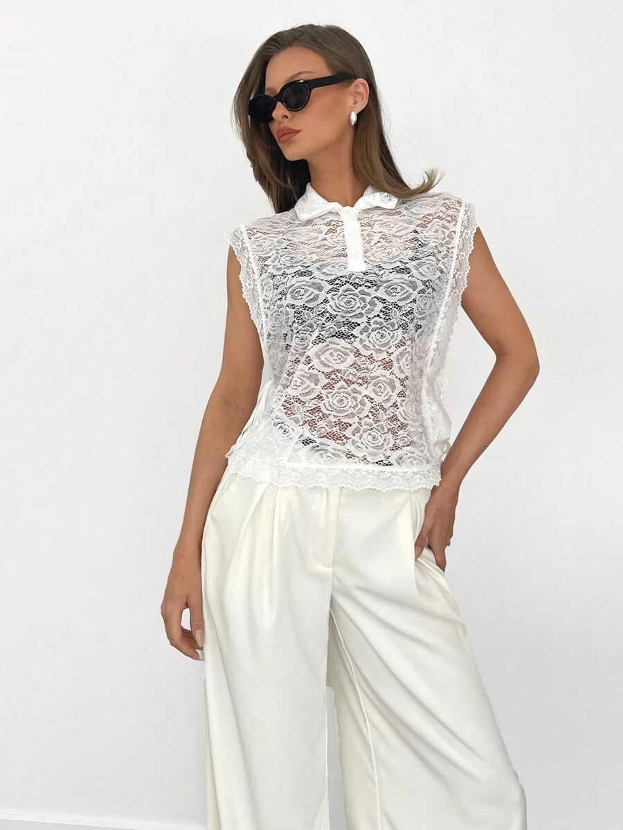 SHEIN Essnce Valentine's Day Lace Polo See-Through Bow T-Shirt Top Women's Casual Sleeveless Top, Fashion Minimalist Design For Everyday Wear - White - View 1