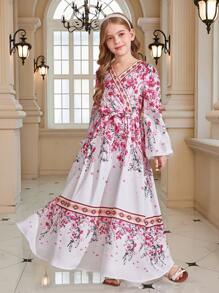 SHEIN Leap Crew Tween 女童花卉印花交叉 V 领长袖收腰连衣裙，优雅长裙，白色连衣裙，玫瑰花朵印花，波西米亚风，休闲，度假，旅行 - 彩色 - 查看 2