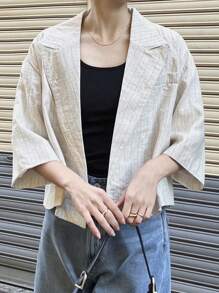 FRIFUL Women's Striped Loose Super Short Suit Jacket Women Blazers Business Attire - Apricot - View 7