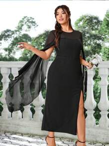 SHEIN Clasi Plus Size Solid Color Cape Asymmetrical Sleeve Fitted High Slit Black Long Dress - Black - View 4