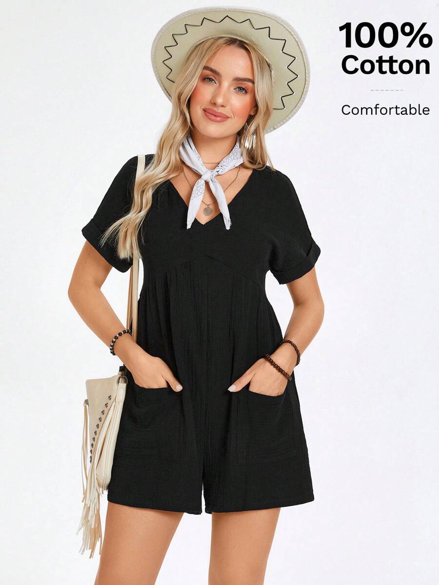 SHEIN LUNE Batwing Sleeve Pocket Patched Romper - Black - View 1