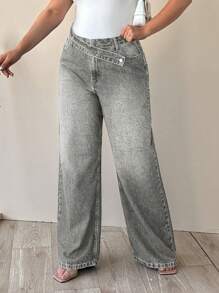 Jean à jambe large taille haute asymétrique avec ceinture 100% coton