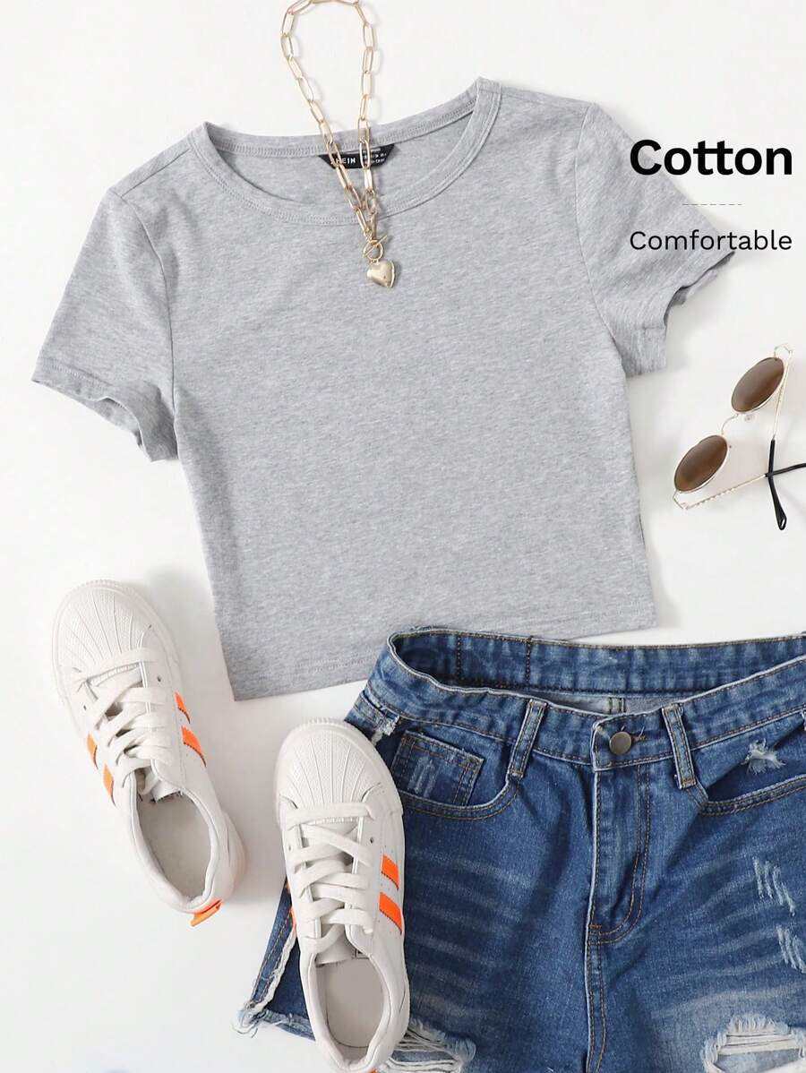 SHEIN EZwear 混色针织纯色 T 恤 - 淺灰色 - 查看 1