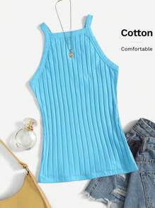 SHEIN EZwear Solid Ribbed Knit Halter Top - Mint Blue - View 6