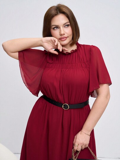 SHEIN Clasi Vestido largo elegante con volantes en las mangas, talla grande, color rojo
