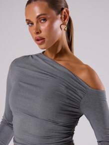 MUSERA Asymmetric Ruched Long Sleeve Crop Top Casual Summer Spring Summer Festival Boho Holiday - Grey - View 5