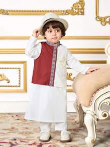 SHEIN 2 件套男婴套装：传统图案立领白色长袍和圆领红色背心，适合春夏季 - 白色 - 查看 1