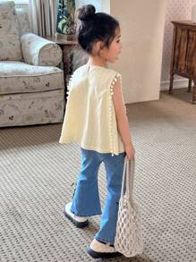 Dazy Kids Young Girl Plain Crew Neck Pom Pom Trim Sleeveless Shirt,Girls Summer Outfits - Apricot - View 4