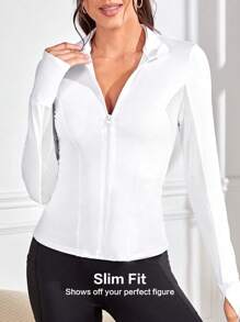 Easithlete Letter Graphic Thumbholes Zip Up Sports Jacket Light Jacket