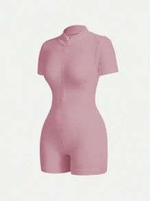 Ribbed Knit Jumpsuit With Half Zip - Rosa - View 3