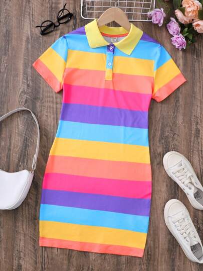 SHEIN Teen Girls Color Block Striped Casual Polo Collar Short Sleeve Knit Dress Graduation Outfit.