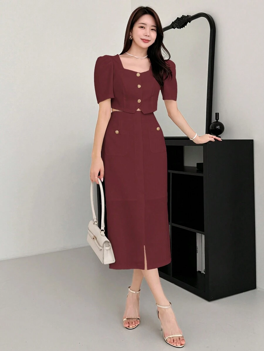 DAZY 2 pièces/Set Style Casual Chic Top à simple boutonnage et Jupe évasée Tenue de Noël - Rouge foncé - Voir 1