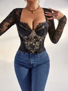 Zolique Camiseta de encaje con corsé de manga larga y sexy para fiesta, simple y elegante para uso casual diario, Día de San Valentín, verano para mujeres, top con corsé para mujeres, top para salir para mujeres, blusa vintage de otoño para mujeres - Negro - Ver 4