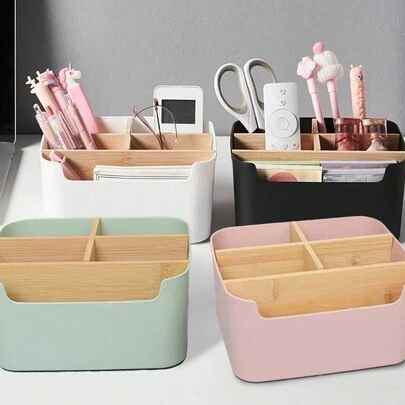 1pc Bamboo Desk Organizer With 5 Compartments, High Quality Moisture-Proof Storage Box For Office Supplies, Pen Holder, Bathroom Cosmetic Storage Box, Living Room Multipurpose Rack, Jewelry Storage Box For Earrings And Rings, Household Storage & Organization Product, Suitable For Placement On Desks, Cabinets, Dressing Tables, Dorm Desks Back To School