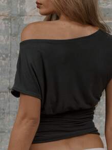 MUSERA Asymmetric Neck Ruched Short Sleeve Top Summer Ibiza Fall