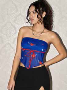 Easelle Women's Vintage Valentine's Day Heart Lace-Up Asymmetrical Hem Fitted Bandeau Top, Blue