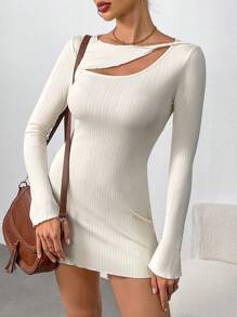 INAWLY Women Elegant Textured Hollow Out Flared Long Sleeve Dress Fall Cloth For Women - Apricot - View 4