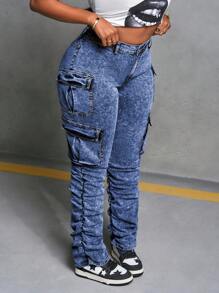 Slaydiva Plus Size Sexy Skinny Elastic Flared Jeans - Black - Medium Wash - View 6