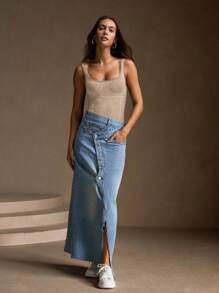 Anewsta 女士优雅方领针织纯色衬衫，采用水洗处理，秋季 T 恤紧身衣 - 摩卡棕 - 查看 3