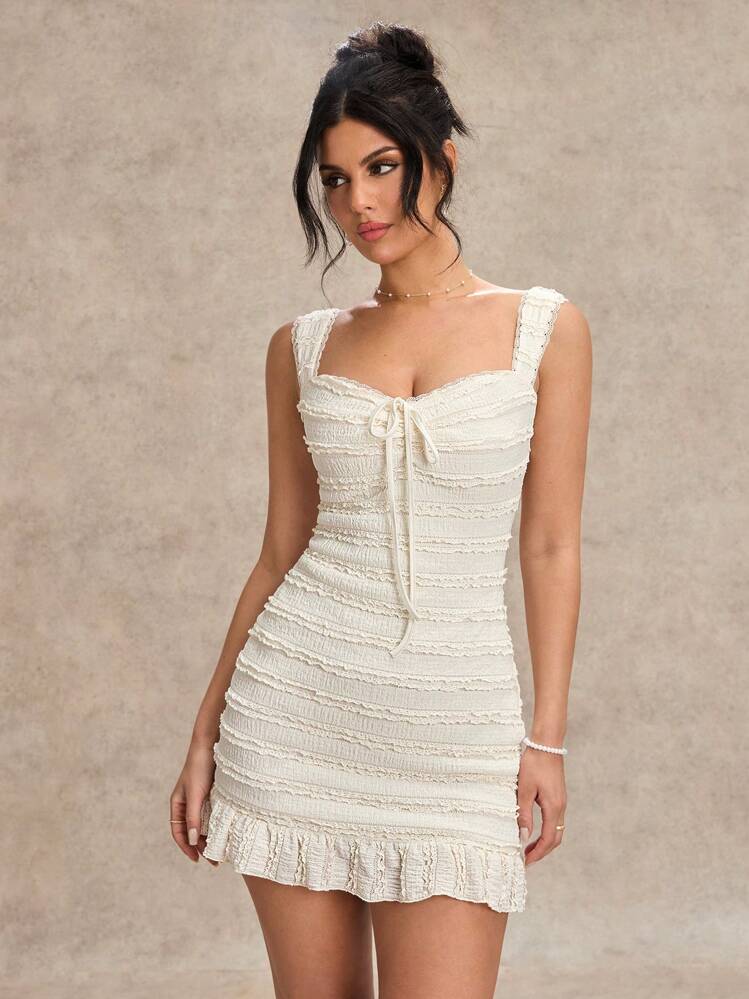 SHEIN BAE Solid Texture Jacquard Lace Trim Cami Bodycon Sweet Minimalist  Dress For Women, Suitable For Vacation And Casual Wear,  Spring/Summer,Summer Dresses,White Graduation Dress,Business Casual  Woman,Valentine's Day,Valentine Outfits For Women | SHEIN