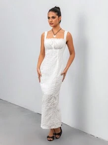 Chiquease Women's French Neckline Chest Details Flounce Splice Bow Decor Ruched Waist-Cinching Mermaid Hem Fitted Dress - White - View 6