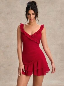 SHEIN BAE Vestido mini elegante y versátil con cuello en V, volantes y color rojo para el Día de San Valentín