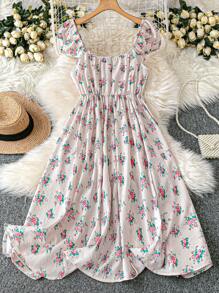 Flirla Vestido con diseño floral menudo, moño decorativo para mujer de talla grande - Blanco - Ver 2