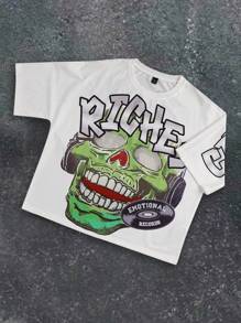 Manfinity EMRG Camiseta casual de cuello redondo y manga corta para hombres con estampado de letra y calavera - Blanco - Ver 1