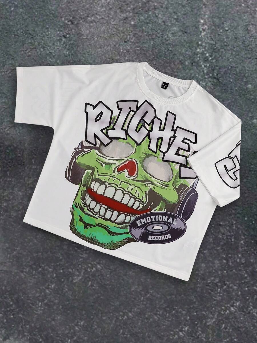 Manfinity EMRG Camiseta casual de cuello redondo y manga corta para hombres con estampado de letra y calavera - Blanco - Ver 1