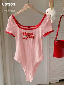 Comfortcana Summer Casual Pink & Red Color Block Fruit Printed Bodysuit - Pink - View 8
