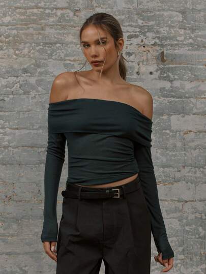 MUSERA Off The Shoulder Fold Over Long Sleeve Top Casual Summer Vacation Spring Fall