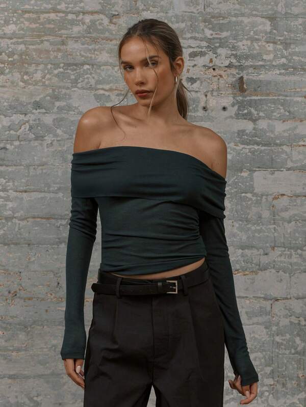 MUSERA Off The Shoulder Fold Over Long Sleeve Top Casual Summer Vacation Spring Fall