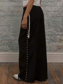 MUSERA 低腰弹力磨毛修身镂空细节阔腿裤，90年代夏季性感时尚优雅 - 黑色 - 查看 3