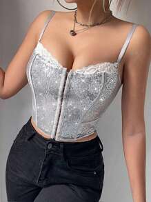 Allurite Women's Lace Insert Minimalist Slim Fit Casual Spaghetti Strap Camisole