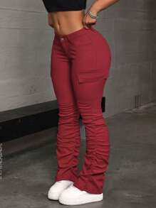 SHEIN ICON Celana Jeans Kargo Slim Fit Kasual Wanita Warna Polos dengan Detail Kerut - Merah - View 4