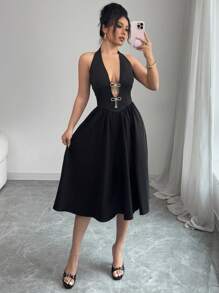 Selianne 女士优雅性感水钻蝴蝶结露背吊带中长连衣裙