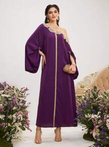 Al Najma Women's Asymmetrical Neck Long Sleeve Elegant Applique Decor Arabic Style Dress, Kaftan & Jalabiya